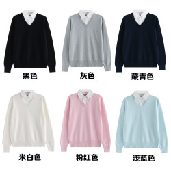 純棉假兩件套打底衫襯衫領針織毛衣秋冬V領長袖薄款全棉男工作服