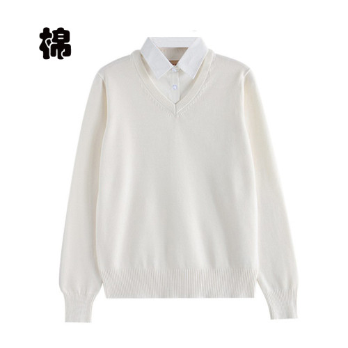 純棉假兩件套打底衫襯衫領針織毛衣秋冬V領長袖薄款全棉男工作服