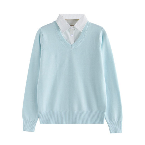 純棉假兩件套打底衫襯衫領針織毛衣秋冬V領長袖薄款全棉男工作服