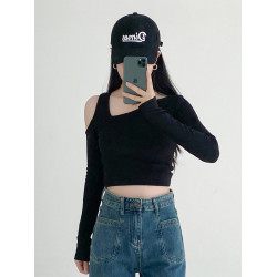 2025秋季黑色V領針織打底衫女修身性感辣妹露肩氣質長袖上衣