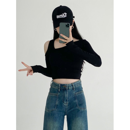 2025秋季黑色V領針織打底衫女修身性感辣妹露肩氣質長袖上衣