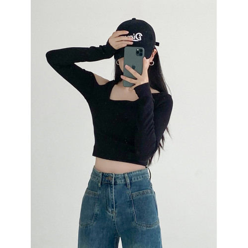 2025秋季黑色V領針織打底衫女修身性感辣妹露肩氣質長袖上衣