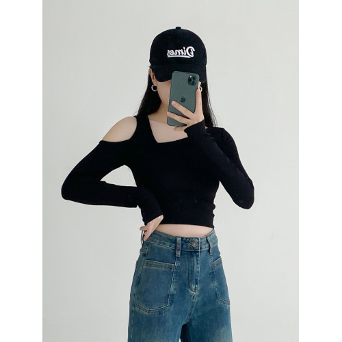 2025秋季黑色V領針織打底衫女修身性感辣妹露肩氣質長袖上衣