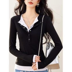 美式領修身毛針織衫女假兩件長袖內搭上衣打底衫2025秋季黑色