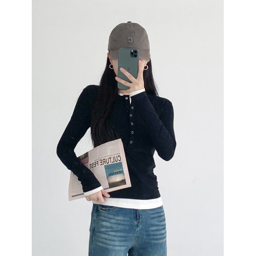 美式領修身毛針織衫女假兩件長袖內搭上衣打底衫2025秋季黑色