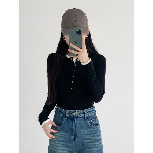 美式領修身毛針織衫女假兩件長袖內搭上衣打底衫2025秋季黑色