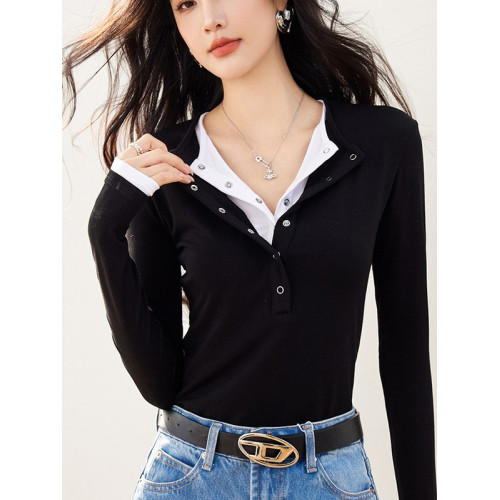 美式領修身毛針織衫女假兩件長袖內搭上衣打底衫2025秋季黑色