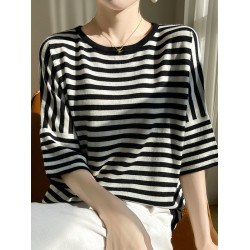 2025春夏新款真絲羊毛女短袖針織衫條紋五分袖圓領打底衫上衣