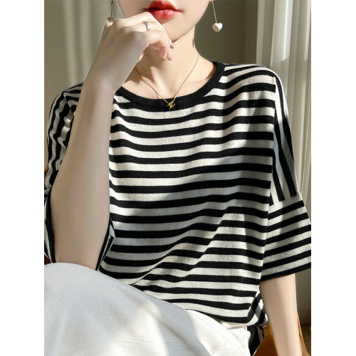 2025春夏新款真絲羊毛女短袖針織衫條紋五分袖圓領打底衫上衣