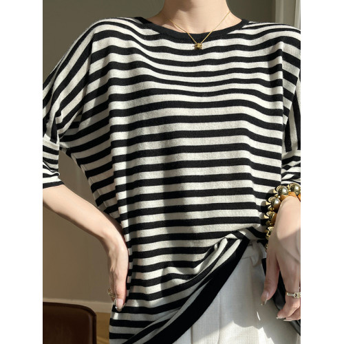 2025春夏新款真絲羊毛女短袖針織衫條紋五分袖圓領打底衫上衣