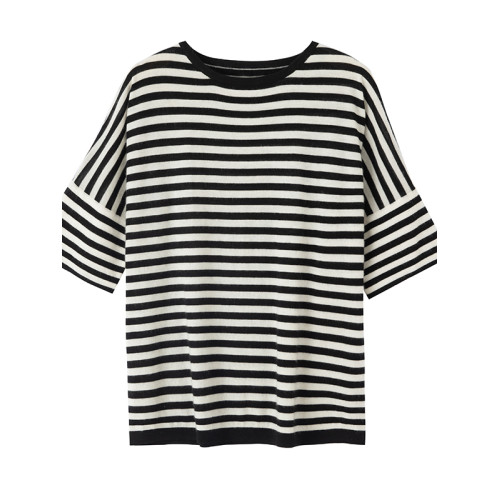 2025春夏新款真絲羊毛女短袖針織衫條紋五分袖圓領打底衫上衣