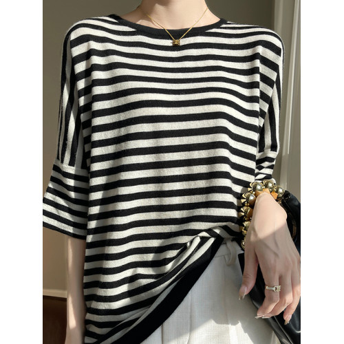 2025春夏新款真絲羊毛女短袖針織衫條紋五分袖圓領打底衫上衣