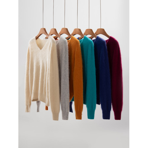 一線成衣山羊絨衫拉絨女V領羊毛衫無縫套頭毛衣寬松針織打底衫純