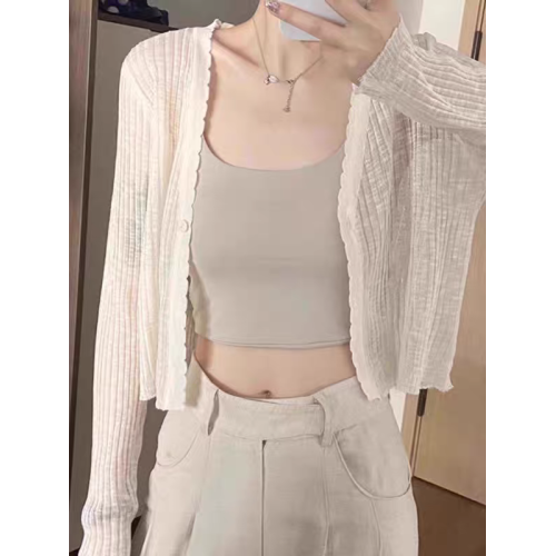 天絲羊毛開衫女V領短款長袖針織衫外套薄款防曬衫百搭打底衫外套