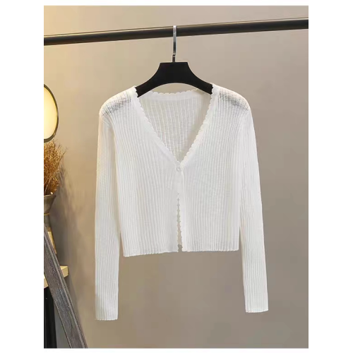 天絲羊毛開衫女V領短款長袖針織衫外套薄款防曬衫百搭打底衫外套