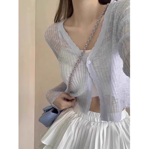 天絲羊毛開衫女V領短款長袖針織衫外套薄款防曬衫百搭打底衫外套