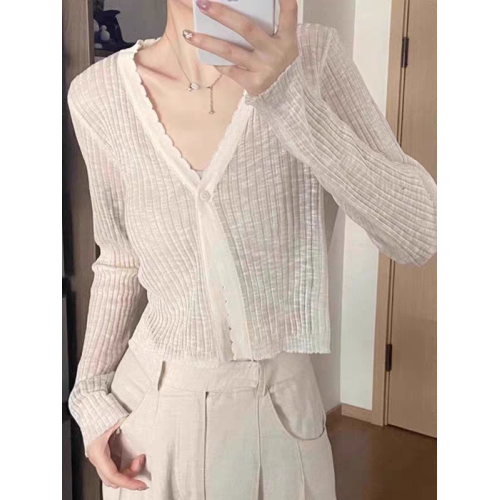 天絲羊毛開衫女V領短款長袖針織衫外套薄款防曬衫百搭打底衫外套