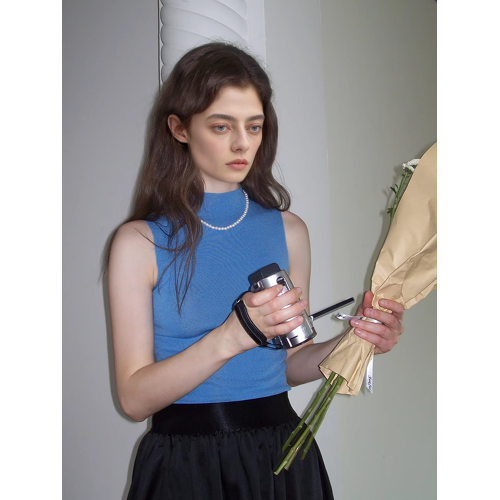 天藍色無袖打底衫女敭子紗修身內搭美麗諾超細羊毛半高領針織背心