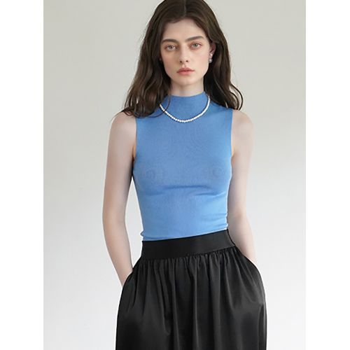 天藍色無袖打底衫女敭子紗修身內搭美麗諾超細羊毛半高領針織背心