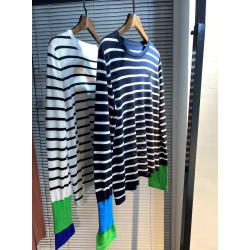 selfwho條紋圓領針織上衣女撞色薄款設計感內搭套頭打底衫