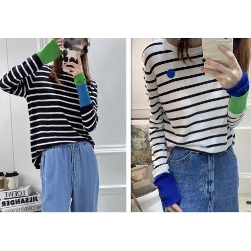 selfwho條紋圓領針織上衣女撞色薄款設計感內搭套頭打底衫