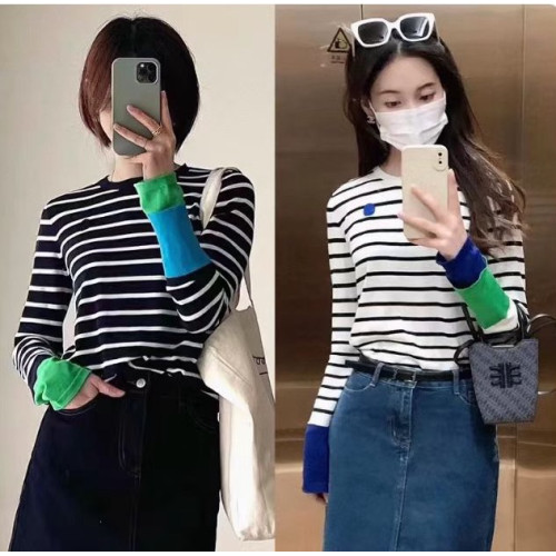 selfwho條紋圓領針織上衣女撞色薄款設計感內搭套頭打底衫