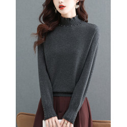 秋季新款時尚針織衫木耳花邊半高領套頭毛衣女寬松薄款內搭打底衫