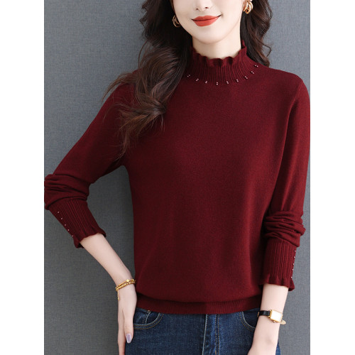 秋季新款時尚針織衫木耳花邊半高領套頭毛衣女寬松薄款內搭打底衫