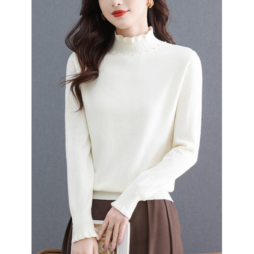 秋季新款時尚針織衫木耳花邊半高領套頭毛衣女寬松薄款內搭打底衫