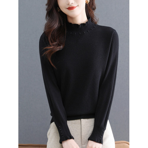 秋季新款時尚針織衫木耳花邊半高領套頭毛衣女寬松薄款內搭打底衫