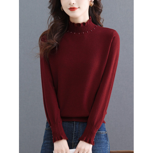 秋季新款時尚針織衫木耳花邊半高領套頭毛衣女寬松薄款內搭打底衫