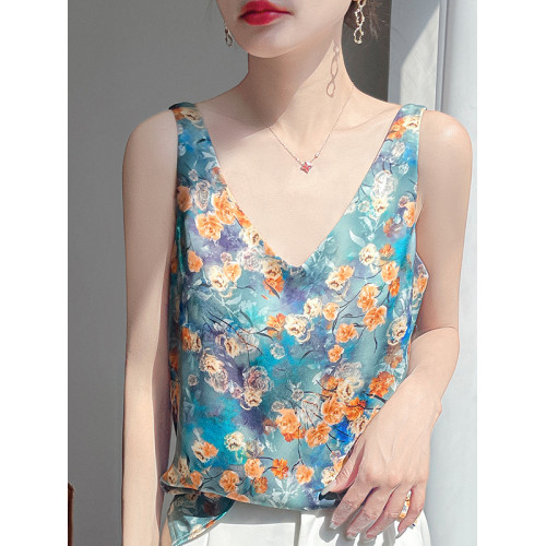 夏季絲滑緞面v領吊帶背心女套頭無袖薄款打底衫寬松上衣花色內搭