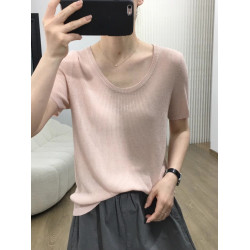 短袖粉色v領針織衫女夏薄款顯瘦半袖打底衫減齡套頭天絲亞麻上衣