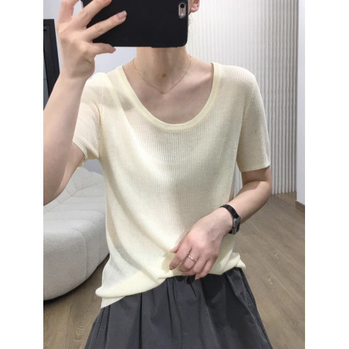 短袖粉色v領針織衫女夏薄款顯瘦半袖打底衫減齡套頭天絲亞麻上衣