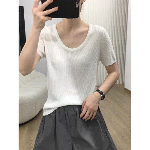 短袖粉色v領針織衫女夏薄款顯瘦半袖打底衫減齡套頭天絲亞麻上衣