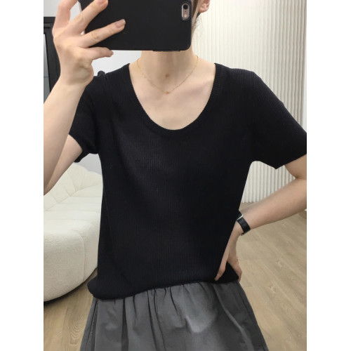 短袖粉色v領針織衫女夏薄款顯瘦半袖打底衫減齡套頭天絲亞麻上衣