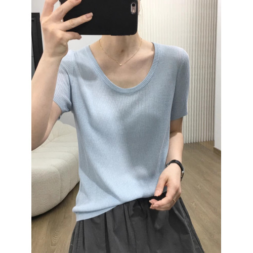 短袖粉色v領針織衫女夏薄款顯瘦半袖打底衫減齡套頭天絲亞麻上衣