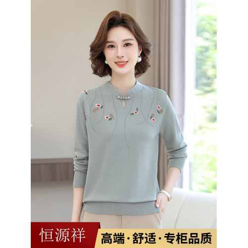 恒源祥媽媽裝洋氣長袖新中式綉花針織衫中老年女裝春秋打底衫毛衣