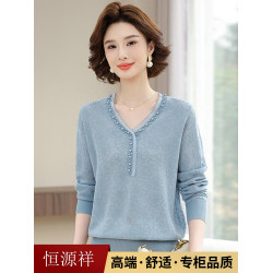 恒源祥媽媽裝針織衫打底衫中老年女春秋薄款小衫毛衣長袖V領上衣