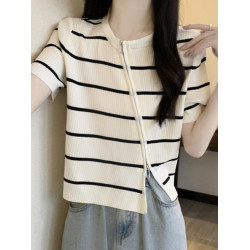 法國Rouje tusse大碼不規則斜領短袖針織衫女顯瘦短款拉鍊打底衫