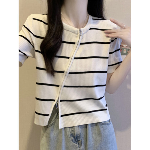 法國Rouje tusse大碼不規則斜領短袖針織衫女顯瘦短款拉鍊打底衫