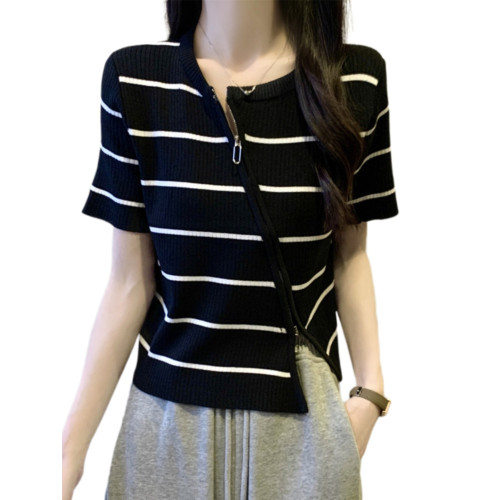 法國Rouje tusse大碼不規則斜領短袖針織衫女顯瘦短款拉鍊打底衫