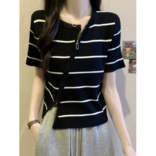 法國Rouje tusse大碼不規則斜領短袖針織衫女顯瘦短款拉鍊打底衫