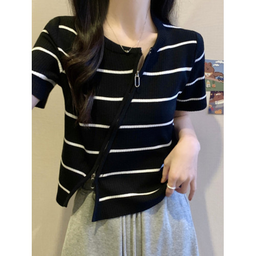 法國Rouje tusse大碼不規則斜領短袖針織衫女顯瘦短款拉鍊打底衫