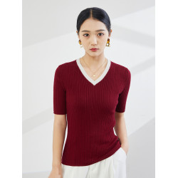 2025春夏新款精紡羊毛V領針織衫短袖拼色坑條顯瘦套頭打底衫上衣