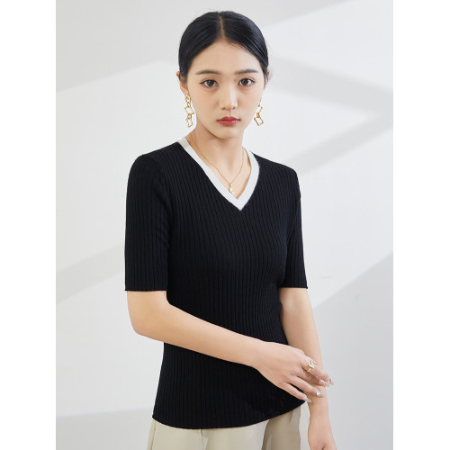 2025春夏新款精紡羊毛V領針織衫短袖拼色坑條顯瘦套頭打底衫上衣