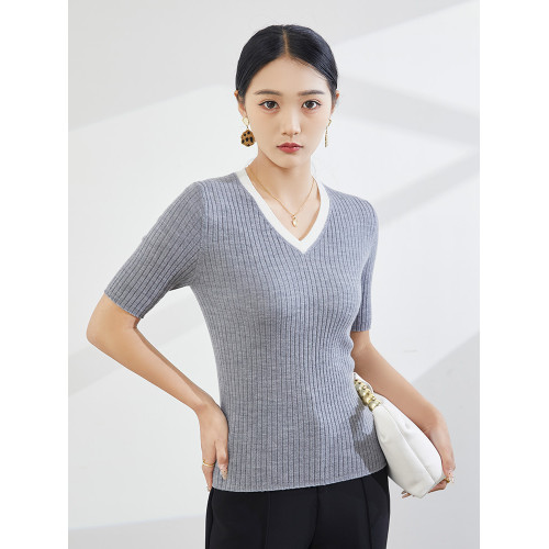 2025春夏新款精紡羊毛V領針織衫短袖拼色坑條顯瘦套頭打底衫上衣