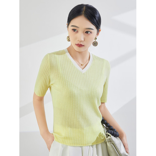 2025春夏新款精紡羊毛V領針織衫短袖拼色坑條顯瘦套頭打底衫上衣