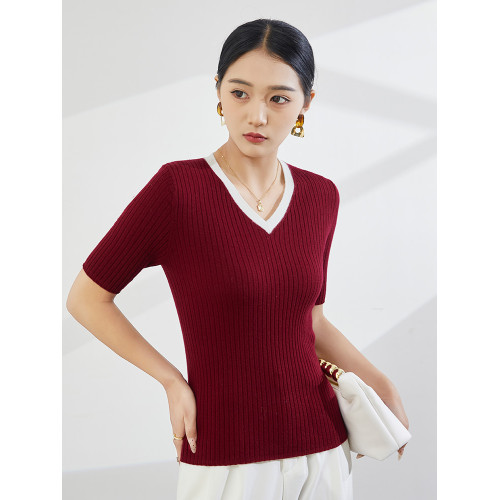 2025春夏新款精紡羊毛V領針織衫短袖拼色坑條顯瘦套頭打底衫上衣