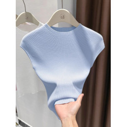 氣質半高領天絲針織背心女薄款無袖休閒打底衫韓系百搭坎肩上衣夏